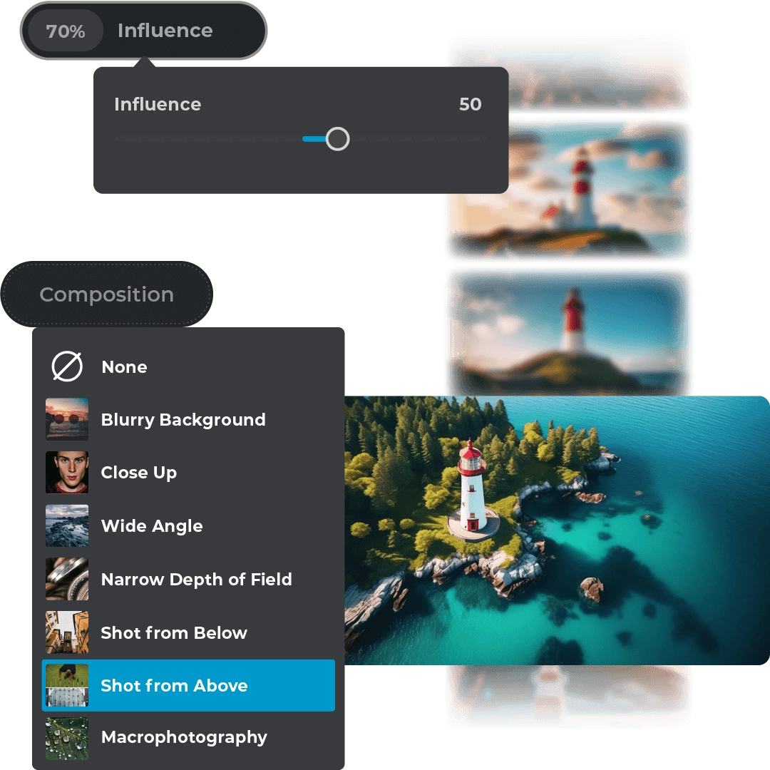 AI image editing interface showing composition options applied to a lighthouse image. 